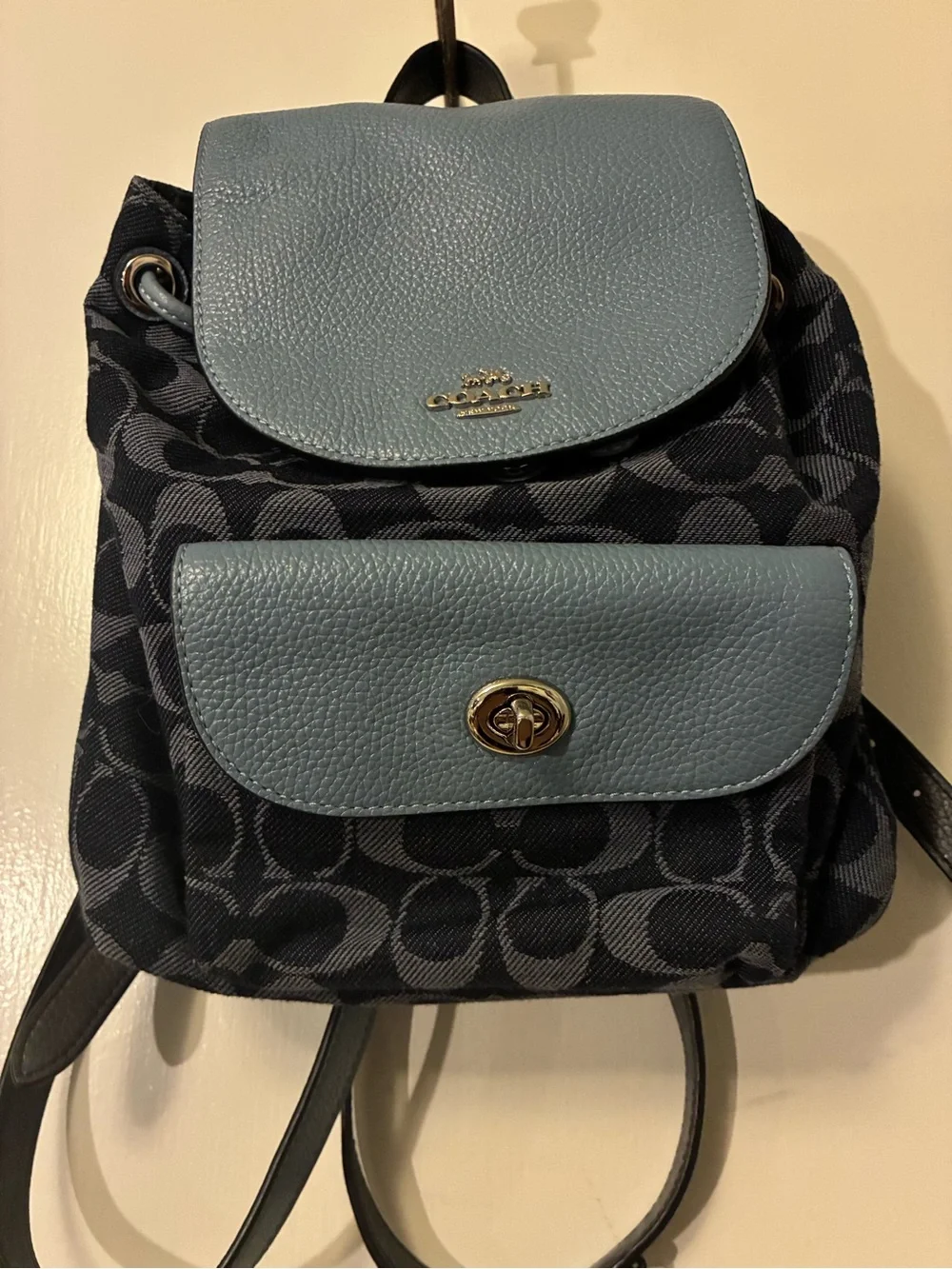 Coach Signature Canvas Backpack with Light Blue Leather Trim